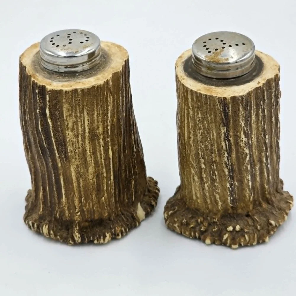 Deer Antler Wood Salt & Pepper Shaker Set Rustic Woodsy Outdoorsy Unique